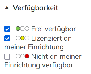 Dargestellt: Ampelschaltung in DBIS zur Klärung der Verfügbarkeit. Grün bedeutet "Frei verfügbar", Gelb bedeutet "Lizenziert an meiner Einrichtung", Rot bedeutet "Nicht an meiner Einrichtung verfügbar".